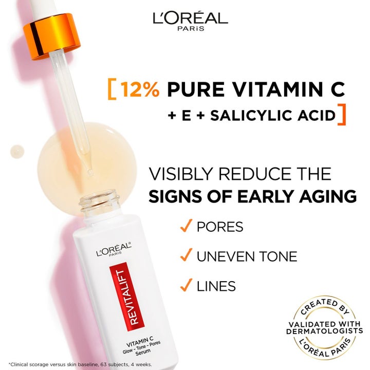 L'Oréal Paris Revitalift Clinical Vitamin C Serum og SPF50 Fluid hudpleiesett gir glød med hvit tekstur og pipette