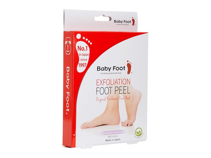Baby Foot Exfoliation Foot Peel 2 x 35 ml eksfolierende fotpleie i rød og hvit eske med bilde av bare føtter.
