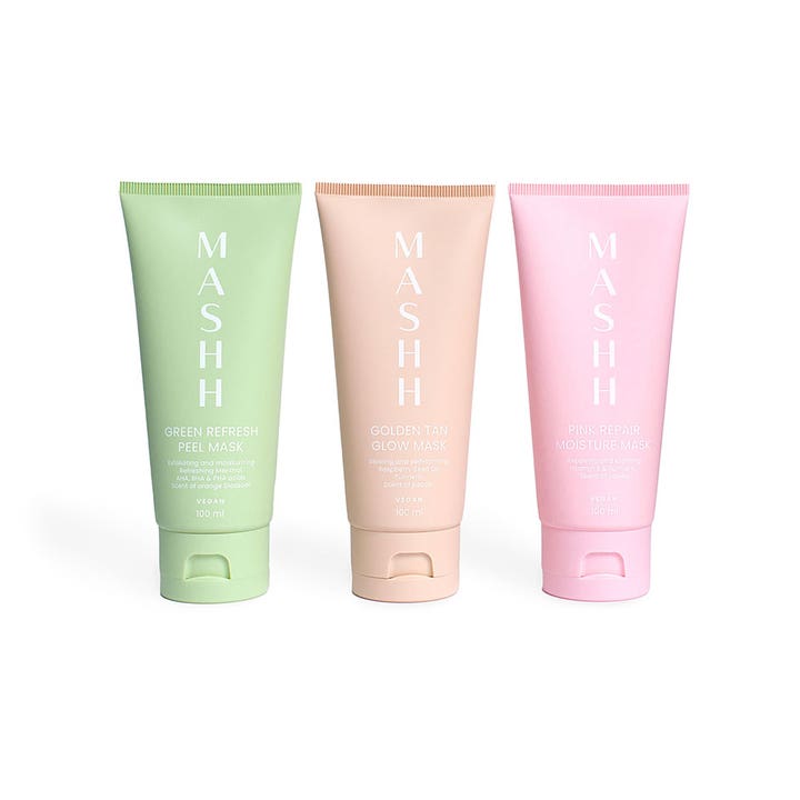 MASHH Green Refresh & Peel Mask 100 ml ansiktsmaske i grønn, fersken og rosa tube som gir glød.