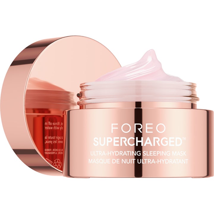 FOREO SUPERCHARGED Ultra-Hydrating Sleeping Mask 75 ml fuktighetsgivende nattmaske i rosegull krukke med lyserosa gel