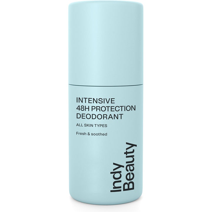Indy Beauty Intensive 48h Protection Deodorant som gir friskhet i en lyseblå sylinderformet beholder