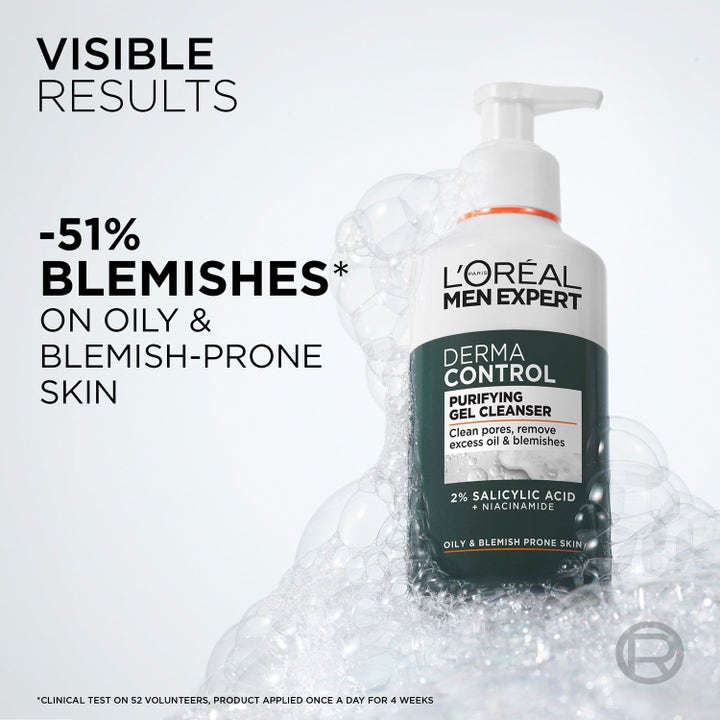 L'Oréal Paris Men Expert Derma Control 310 ml ansiktsrens mot urenheter i hvit pumpeflaske med skum