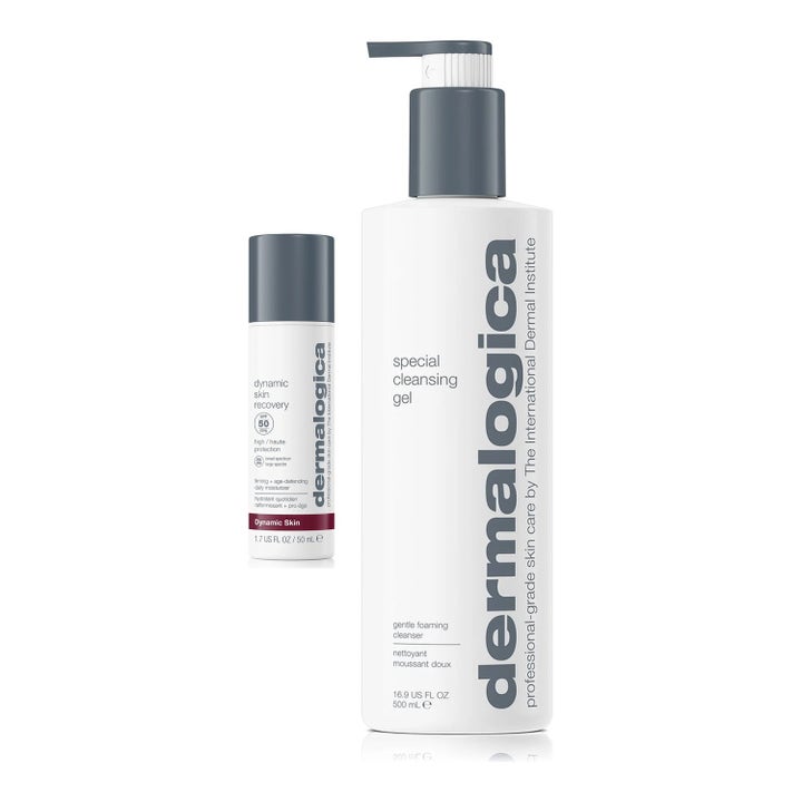 Dermalogica Special Cleansing Gel og Dynamic Skin Recovery 50 ml ansiktspleie i hvit pumpeflaske og flaske med sølvlokk