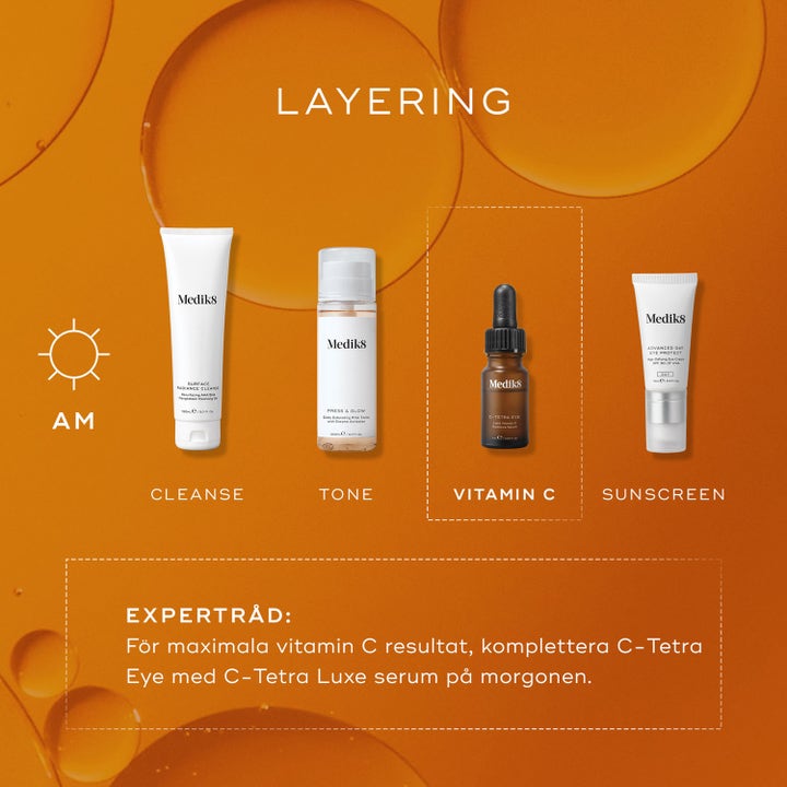 Medik8 C-Tetra Eye 7 ml øyeserum med vitamin C gir glød vist som et trinn i en morgenrutine med oransje bakgrunn