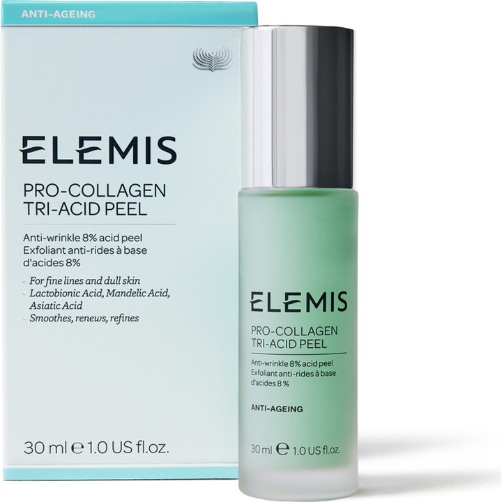 Elemis Pro-Collagen Tri-Acid Peel 30 ml anti-ageing peel i frostet glassflaske med sølvkork og eske