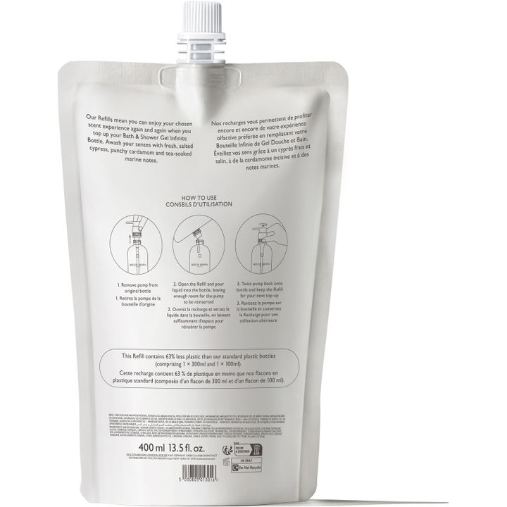 Molton Brown Coastal Cypress &amp; Sea Fennel 400 ml refill viser instruksjoner for påfylling av oppfriskende dusjsåpe.