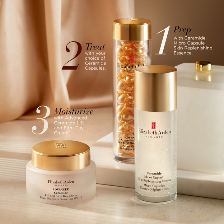 Elizabeth Arden Ceramide Lift & Firm Day Cream 50 ml oppstrammende dagkrem i frostet glasskrukke med gullfarget lokk.