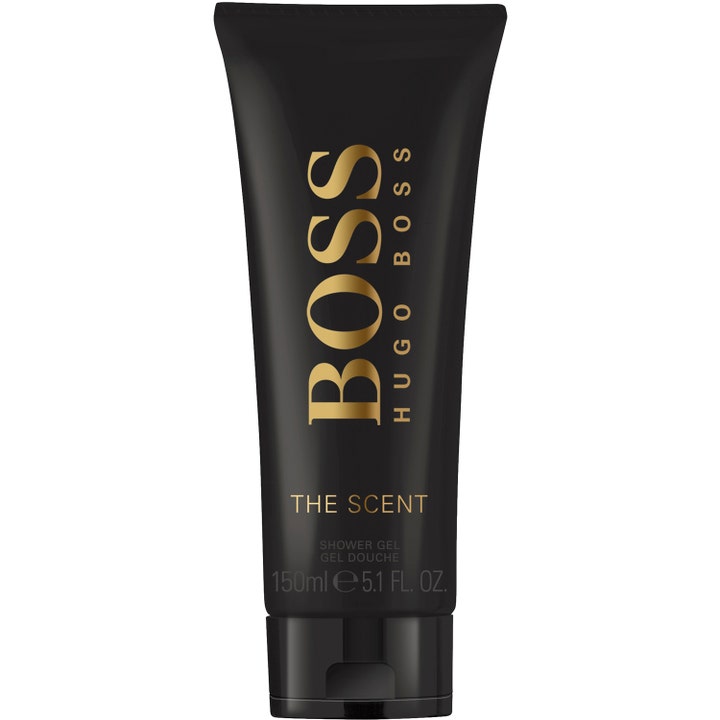 Hugo Boss The Scent 150 ml forfriskende dusjgelé i en stilren sort tube med luksuriøse detaljer i gull