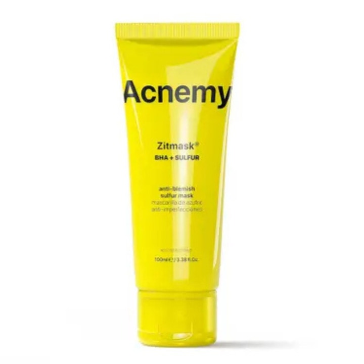Acnemy Zitmask 100 ml rensende ansiktsmaske mot kviser i en knallgul tube med svart tekst
