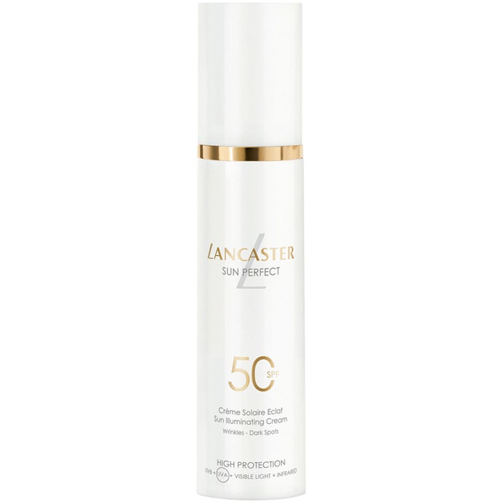 Lancaster Sun Perfect Illuminating Cream 50 ml solkrem for ansiktet mot rynker i hvit pumpeflaske med gulldetalj