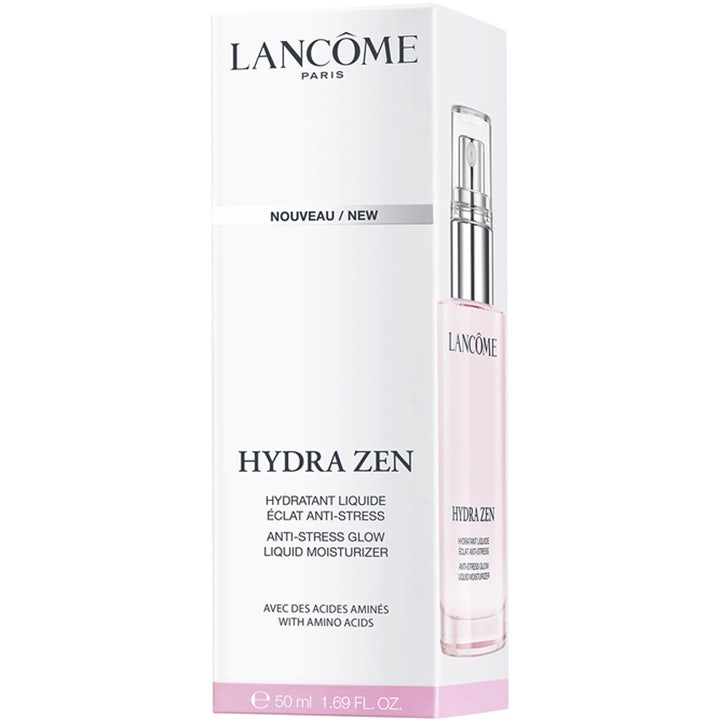 Lancôme Hydra Zen Liquid Moisturizer 50 ml fuktighetskrem for glød i hvit eske med bilde av rosa pumpeflaske.