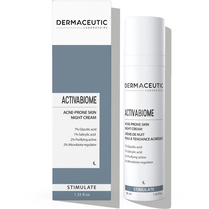 Dermaceutic Activabiome 40 ml eksfolierende nattkrem i hvit pumpeflaske og eske med salisylsyre