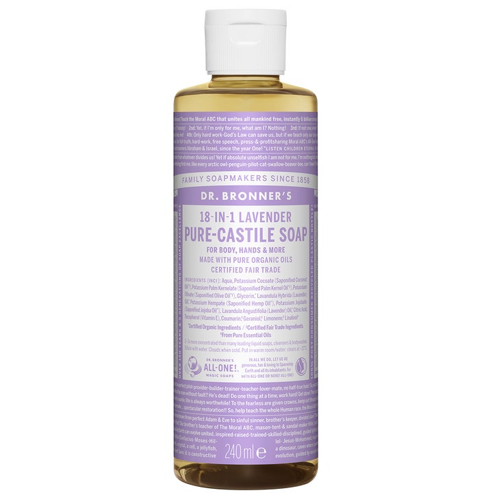 Dr. Bronner's 18-in-1 Lavender Pure-Castile Soap 240 ml beroligende flytende såpe med lilla etikett og gyllen væske