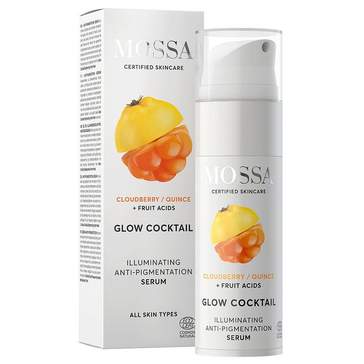 Mossa Glow Cocktail Illuminating Anti-pigmentation Serum mot pigmentflekker i hvit pumpeflaske og eske med fruktdesign
