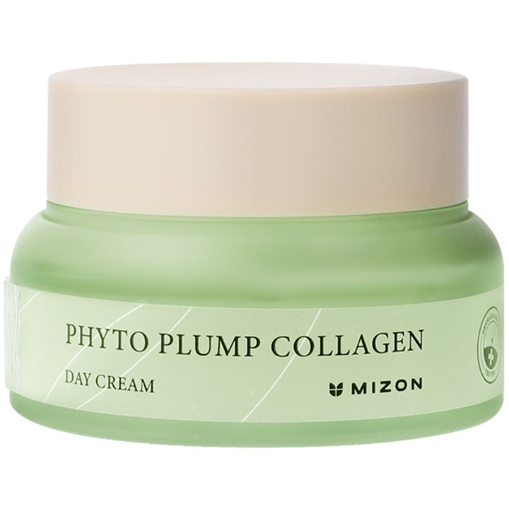 Mizon Phyto Plump Collagen Day Cream 50 ml fuktighetsgivende ansiktskrem i grønn glasskrukke med beige lokk