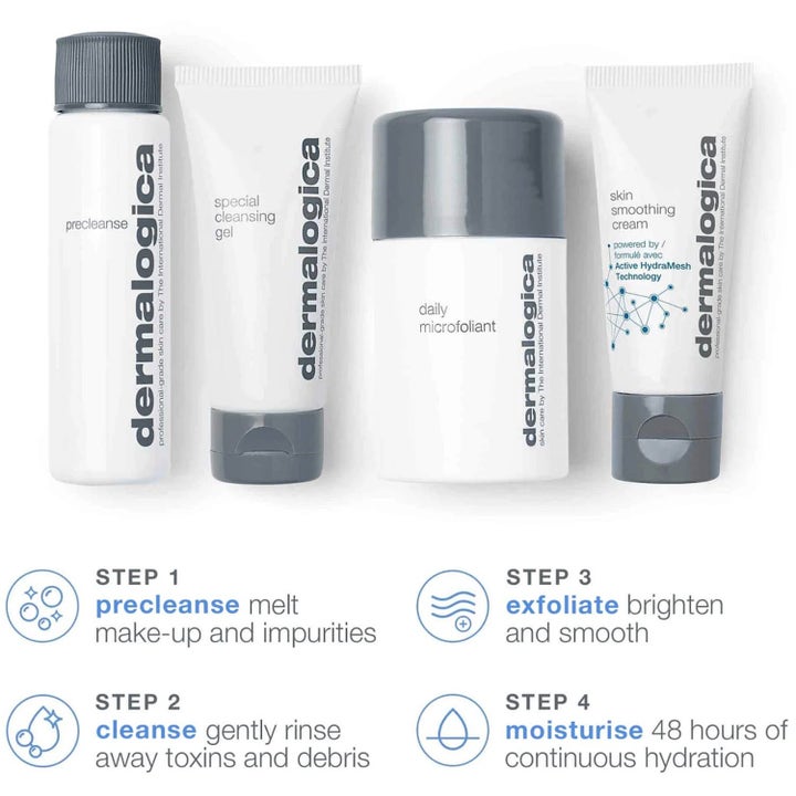 Dermalogica Discover Healthy Skin Kit hudpleiesett med fire hvite produkter som gir glød og fukt.