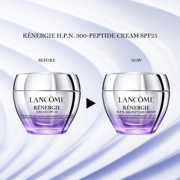 Lancôme Rénergie H.P.N. 300-Peptide Cream 50 ml dagkrem i sølvglass som sammenligner tidligere SPF 20 med ny SPF 25.