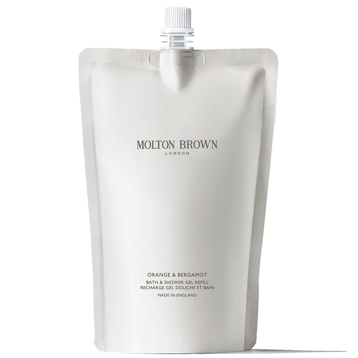 Molton Brown Orange & Bergamot Bath & Shower Gel Refill oppfriskende dusjsåpe i hvit plastpose med hvit skrukork
