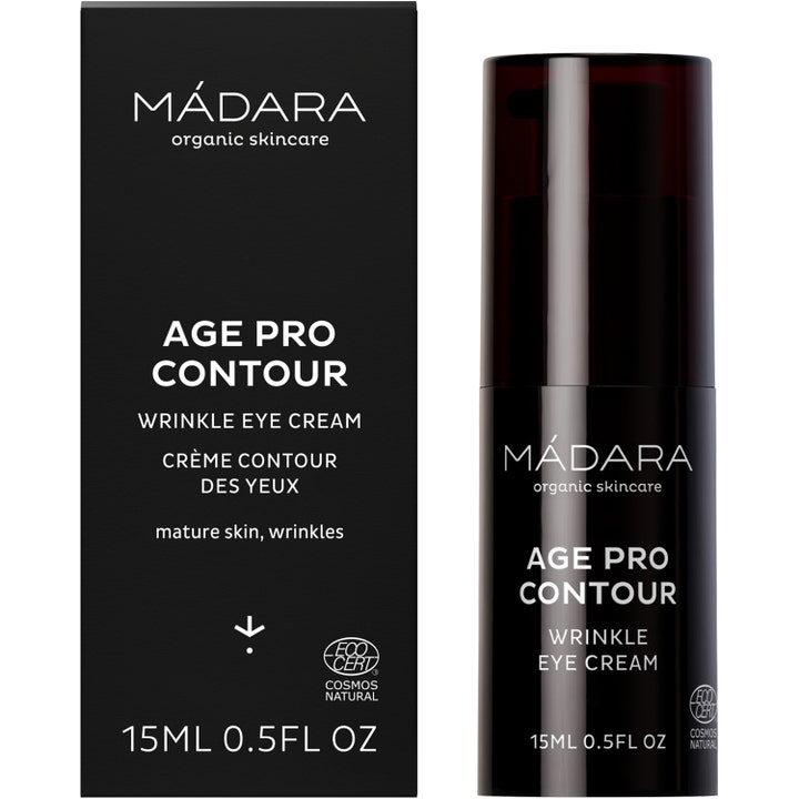 MÁDARA AGE PRO Contour Wrinkle Eye Cream 15 ml øyekrem mot rynker i svart eske og mørk glansfull pumpeflaske.