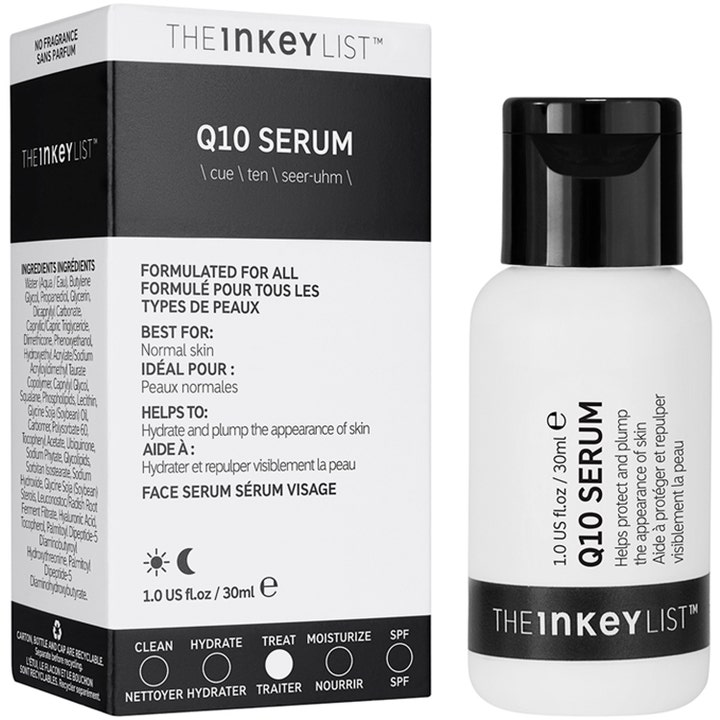 The INKEY List Q10 Serum 30 ml beskyttende ansiktsserum i hvit flaske med svart lokk ved siden av esken.