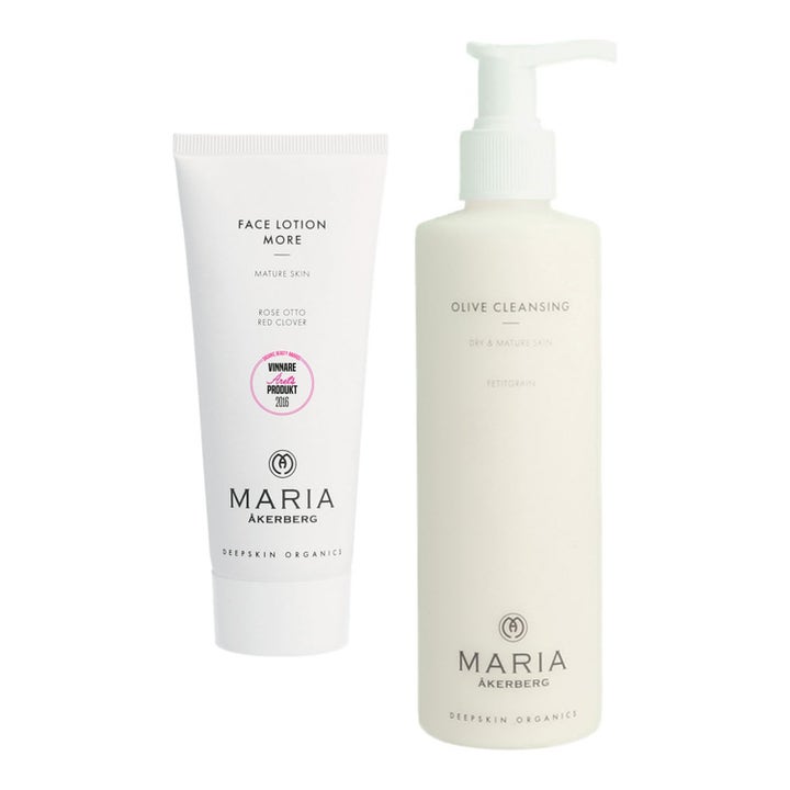 Maria Åkerberg Face Lotion More og Olive Cleansing sett for moden hud i hvit tube og pumpeflaske