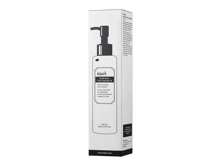 Klairs Gentle Black Fresh Cleansing Oil 150 ml vegansk ansiktsrens i hvit eske med illustrasjon av pumpeflaske