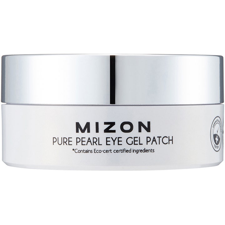 Mizon Pure Pearl Eye Gel Patch 60 stk lysnende øyemasker som gir glød i en hvit krukke med sølvlokk.