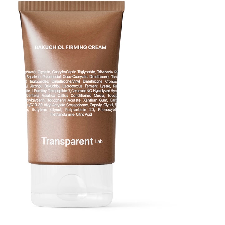 Transparent Lab Bakuchiol Firming Cream oppstrammende ansiktskrem i brun plasttube med hvit tekst og hvitt lokk