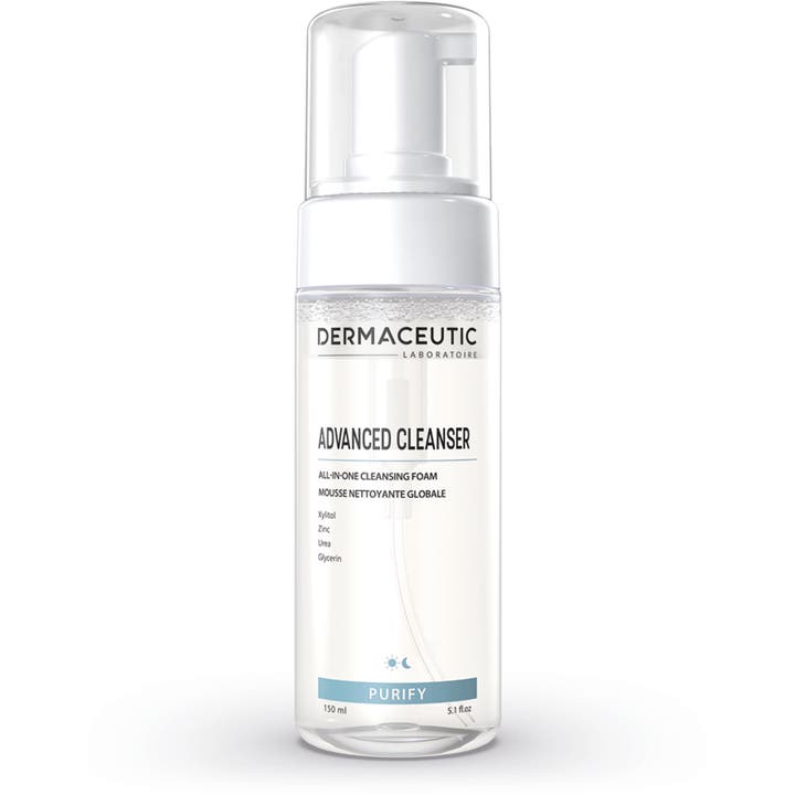 Dermaceutic Advanced Cleanser 150 ml rengjørende skumrens i gjennomsiktig plastflaske med hvit pumpe og klart lokk.