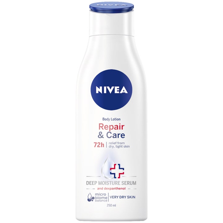 NIVEA Repair & Care Body Lotion 250 ml gir 72 timers lindring for svært tørr hud i hvit plastflaske med blått lokk.