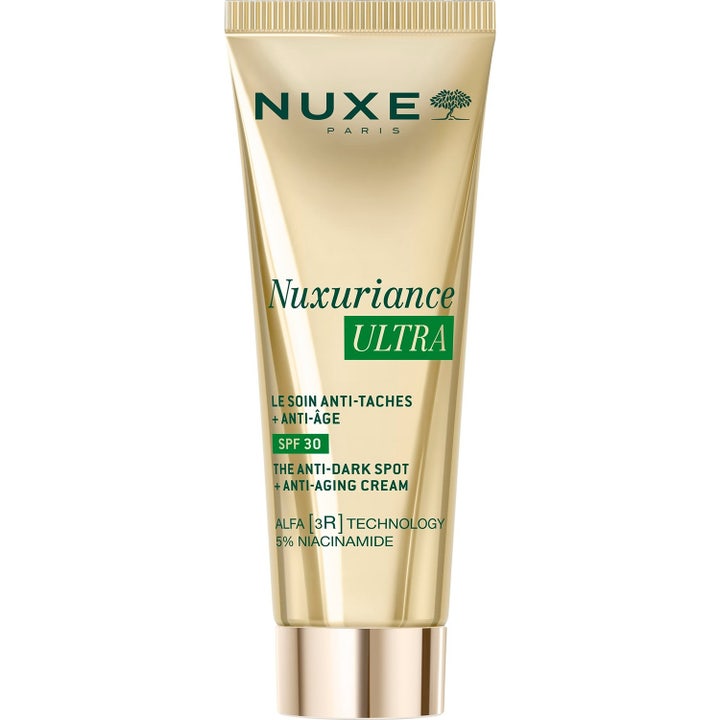 Nuxe Nuxuriance Ultra Anti-Dark Spot Cream 50 ml mot aldringstegn i en glanset gullfarget tube med SPF 30.
