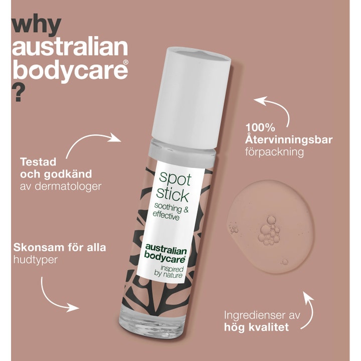 Australian Bodycare Spot Stick 9 ml mot kviser i glassflaske med hvit kork og en dråpe av produktet ved siden av