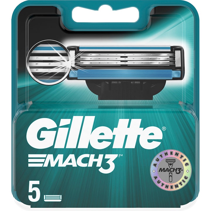 Gillette Mach3 5 stk barberblad for en tett barbering i grønn emballasje med illustrasjon av bladhodet