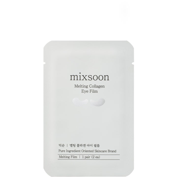 mixsoon Melting Collagen Eye Film 1 par oppstrammende øyemaske i hvit sachet med sølvfargede illustrasjoner