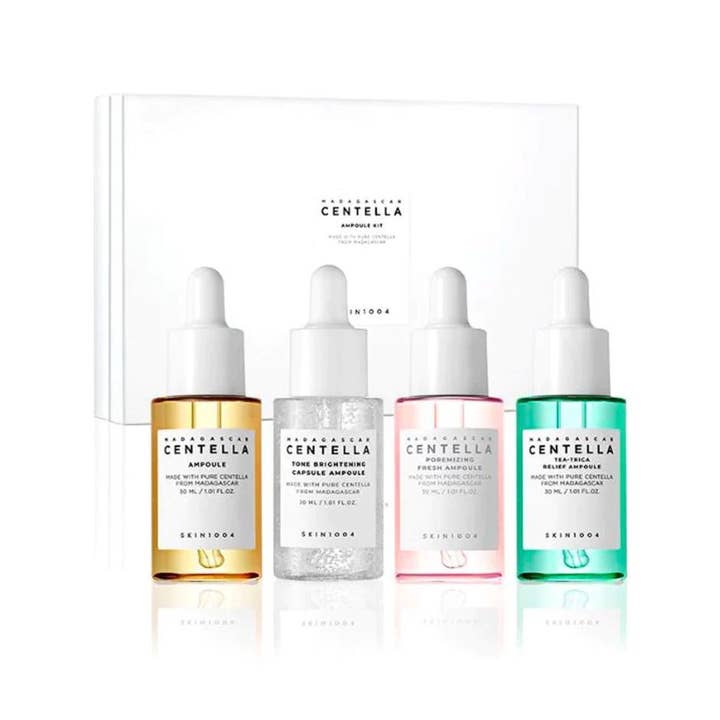 Skin1004 Madagascar Centella Ampoule Kit 4x30 ml beroligende hudpleiesett med fire fargerike glassflasker med pipetter