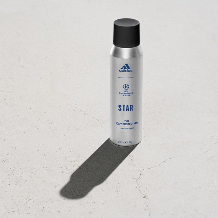 Adidas Uefa Star 150 ml antiperspirant gir 72 timers beskyttelse i en sølvfarget sprayboks med svart kork.