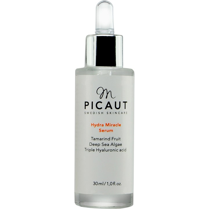 M Picaut Hydra Miracle Serum 30 ml fuktighetsgivende ansiktsserum med hyaluronsyre i glassflaske med sølvpipette