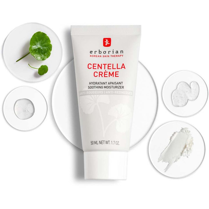Erborian Centella Creme 50 ml beroligende dagkrem i hvit tube omgitt av grønne blader og hvit kremtekstur