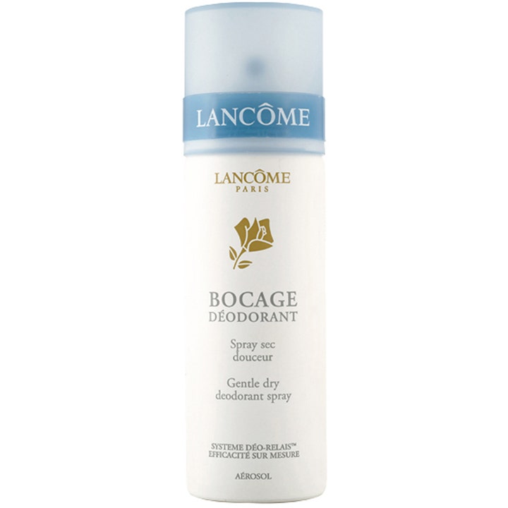 Lancôme Bocage Déodorant mild tørrspray for friskhet i hvit metallflaske med lyseblått matt lokk og gulllogo.