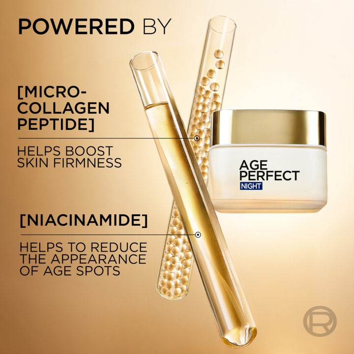 L'Oréal Paris Age Perfect Night Cream 50 ml nattkrem med niacinamid som gir fasthet vist med gylne reagensrør.
