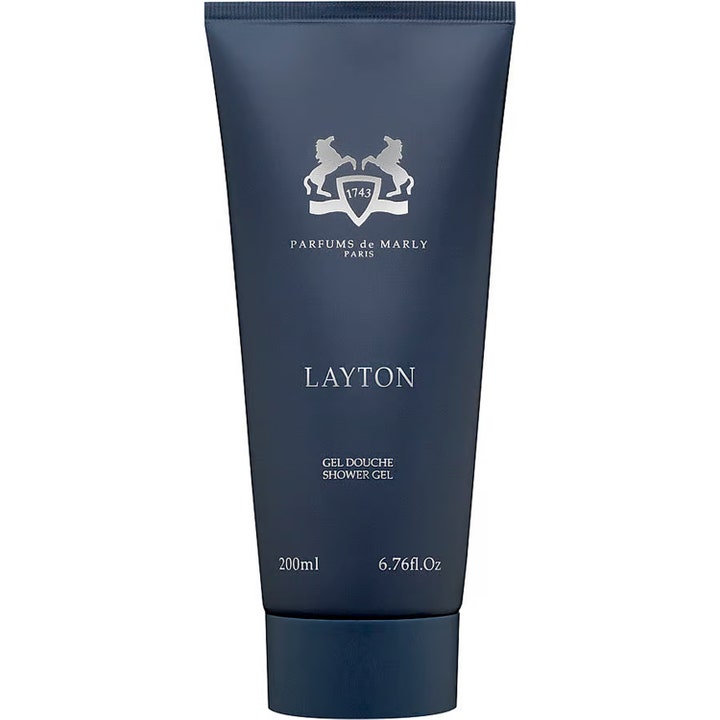 Parfums de Marly Layton 200 ml dusjgelé for en frisk følelse i en elegant matt mørkeblå tube med sølvfarget logo