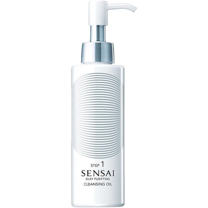 Sensai Silky Purifying Cleansing Oil 150ml dyprensende ansiktsrens i hvit pumpeflaske med sølvdetaljer.