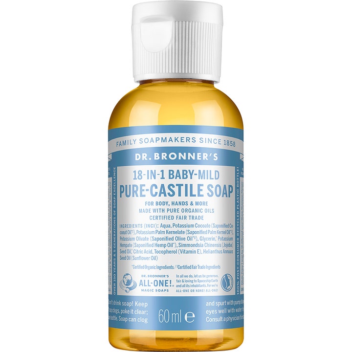 Dr. Bronner's 18-in-1 Baby-Mild Pure-Castile Soap 60 ml mild såpe i liten plastflaske med lyseblå etikett og hvit kork