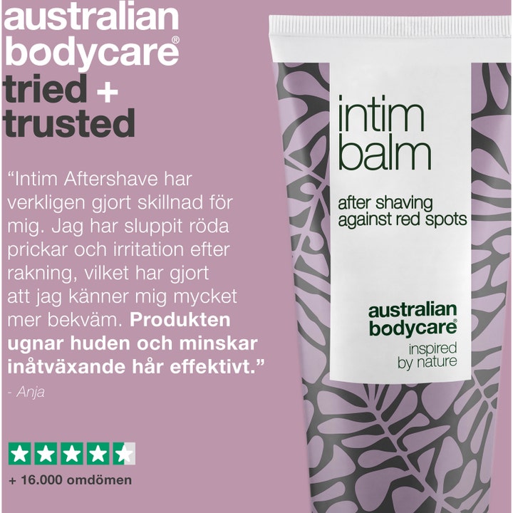 Australian Bodycare Intim Balm 100 ml aftershave motvirker røde nupper vist med en positiv kundeomtale