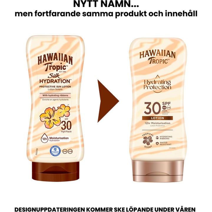 Hawaiian Tropic Hydrating Protection 180 ml fuktighetsgivende solkrem viser nytt og gammelt flaskedesign med SPF 30.