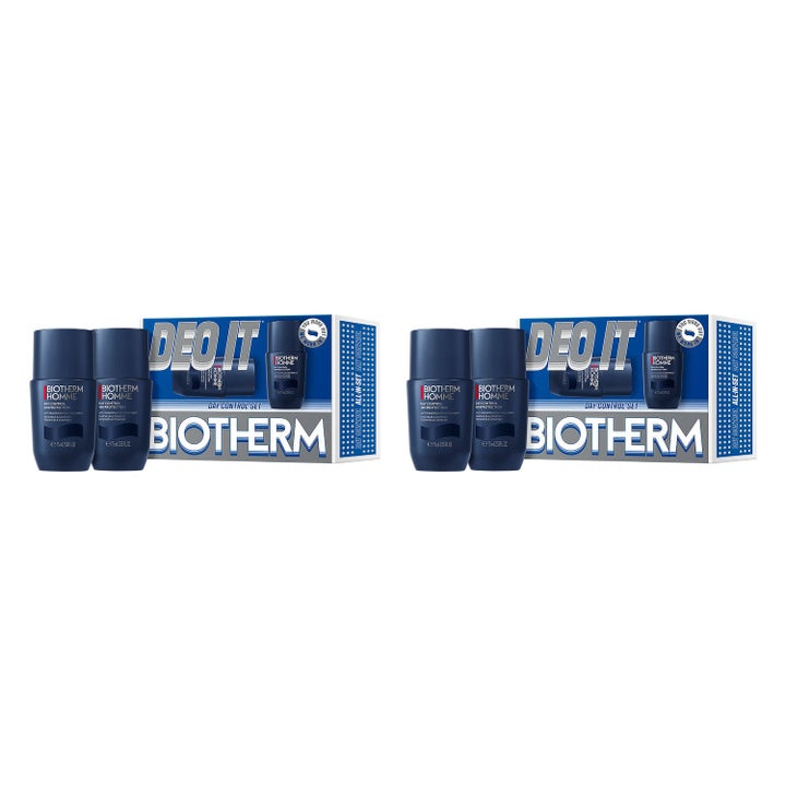 Biotherm Homme Day Control 2x75 ml deodorantsett gir langvarig beskyttelse med to mørkeblå roll-on flasker og eske
