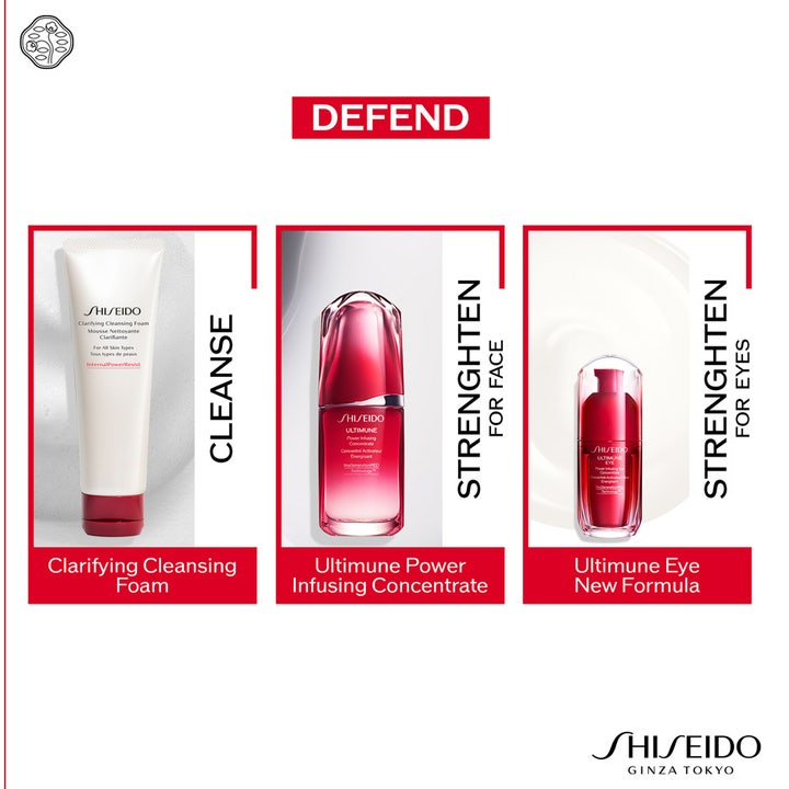 Shiseido Ultimune Power Infusing Eye Concentrate 15 ml øyekrem i rød pumpeflaske vist i en hudpleierutine