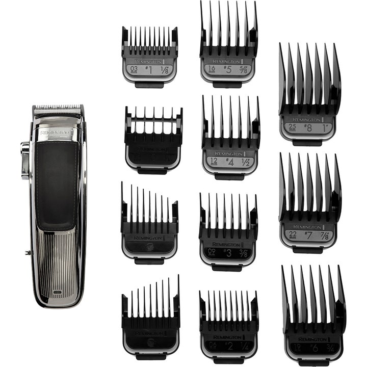Remington HC9100 Heritage Hair Clipper 1 stk hårklipper i sølv med elleve svarte avstandskammer for presis trimming.