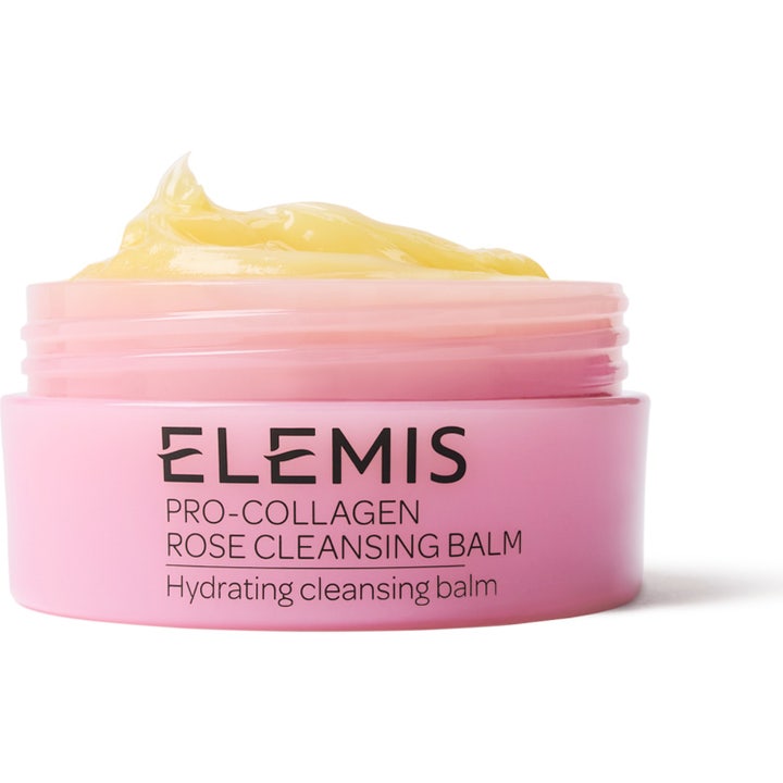 Elemis Pro-Collagen Rose Cleansing Balm fuktighetsgivende ansiktsrens i rosa krukke med rik gul tekstur