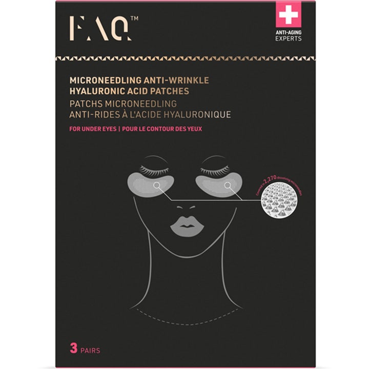 FAQ Swiss Microneedling Anti-Wrinkle Hyaluronic Acid Patches 3 par øyemasker mot rynker i svart eske med illustrasjon